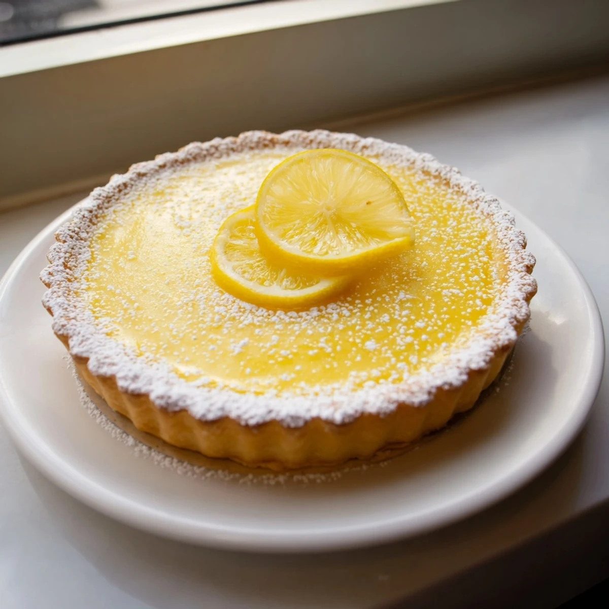 A beautiful slice of Fresh Lemon Tart, showcasing a tart shell and bright, sunny lemon custard.