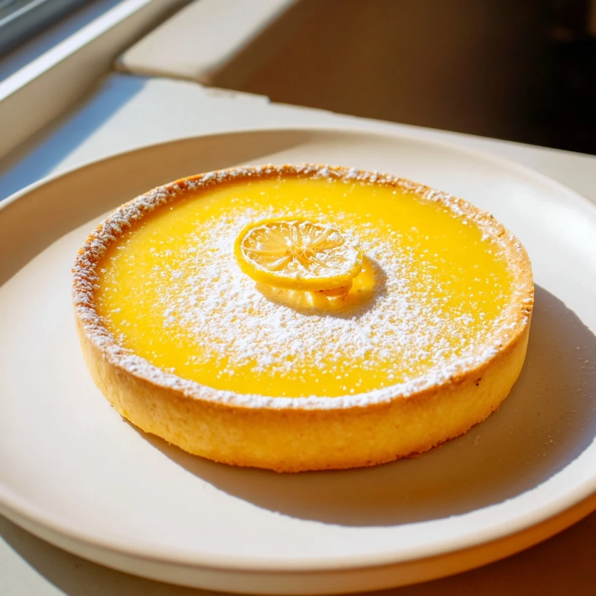 Close-up of a Fresh Lemon Tart, with its buttery crust and rich, zesty lemon flavor.