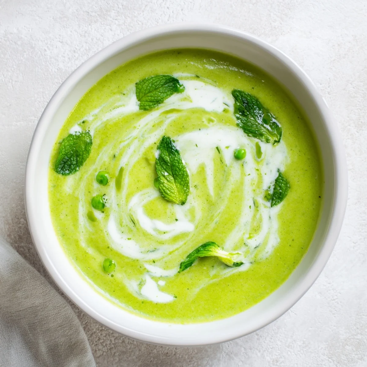 A delicious bowl of creamy pea soup, garnished with fresh mint, perfect for a cozy dinner.