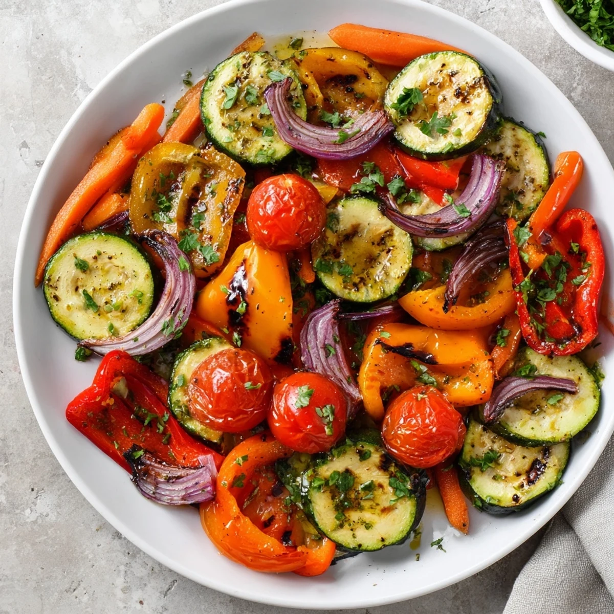 Golden brown roasted veggies, including carrots, bell peppers and zucchini, look ready to eat now.