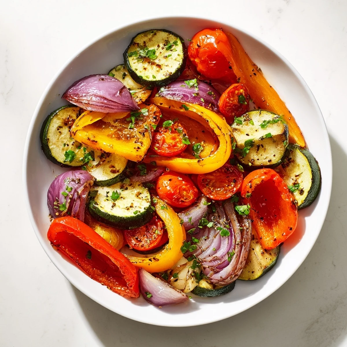 Beautiful platter of roasted veggies, with a mix of herbs, is a satisfying, vegan-friendly plate.