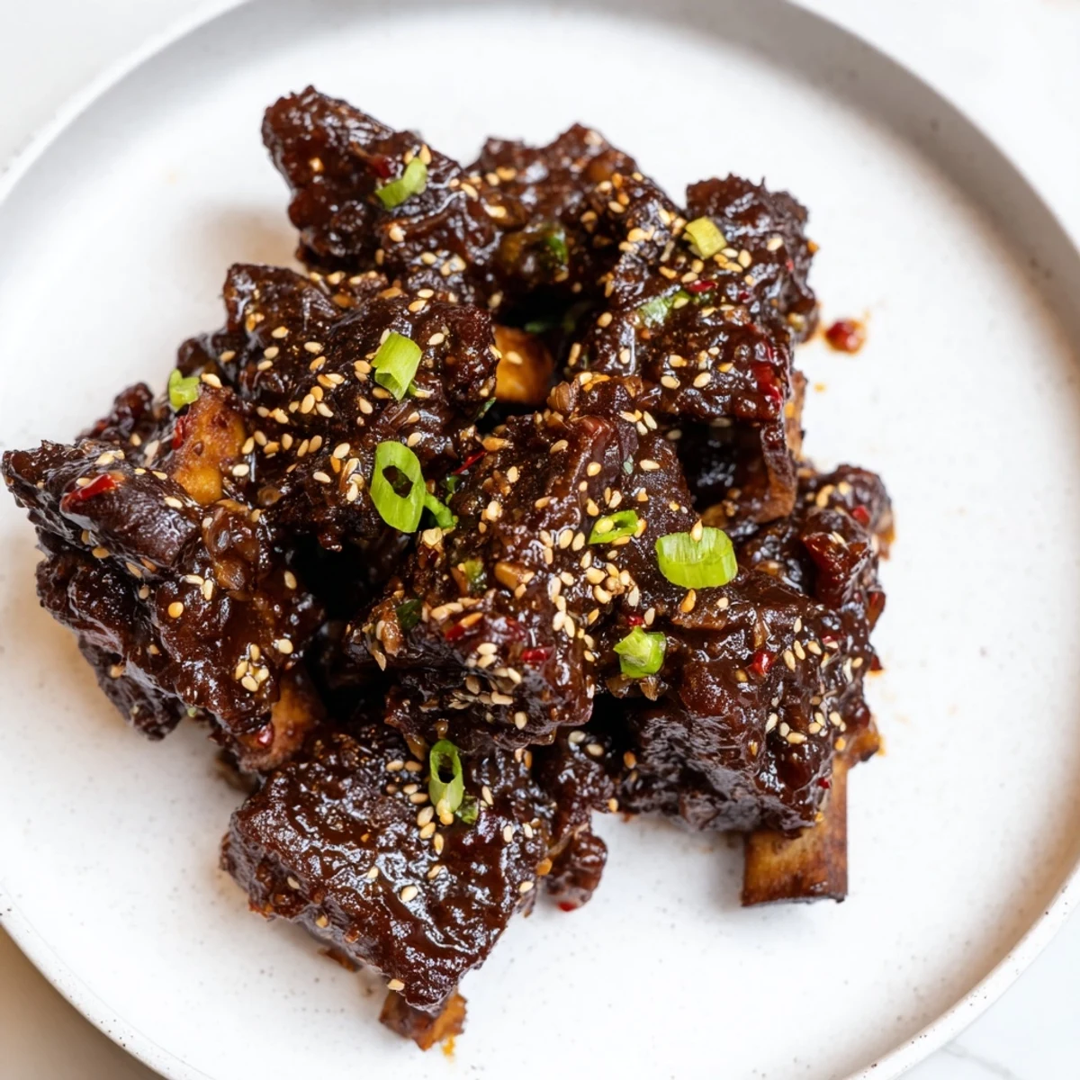 Fall-off-the-bone sticky beef ribs glistening with a sweet, savory glaze, ready to serve and enjoy.