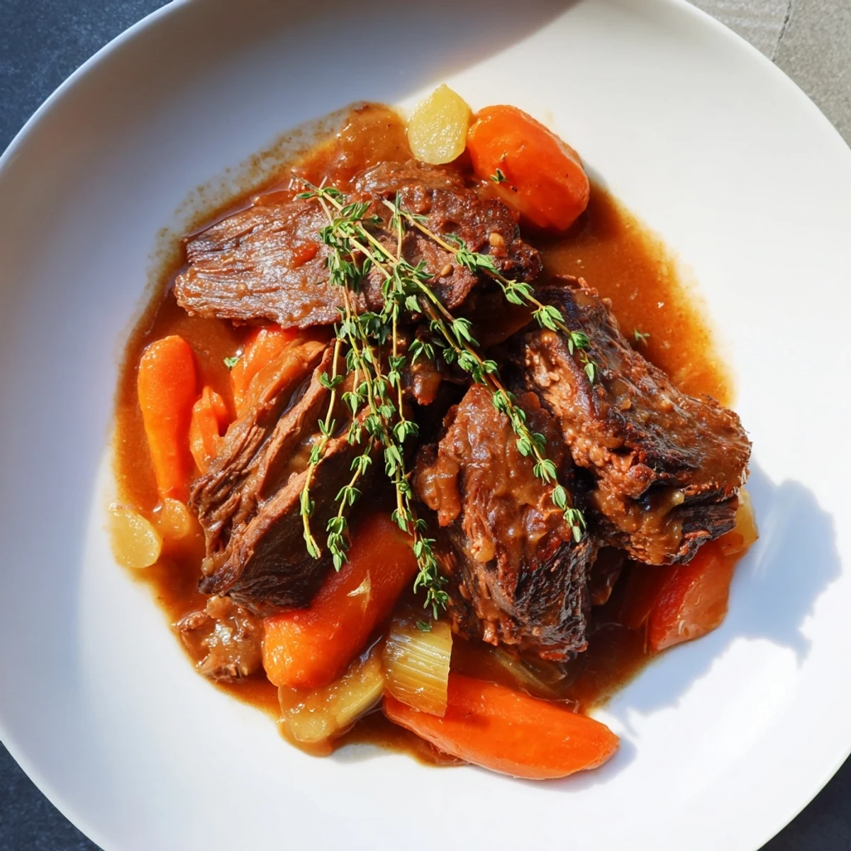 Fork-tender Braised Beef, featuring chunks of savory beef surrounded by vibrant carrots and vegetables.