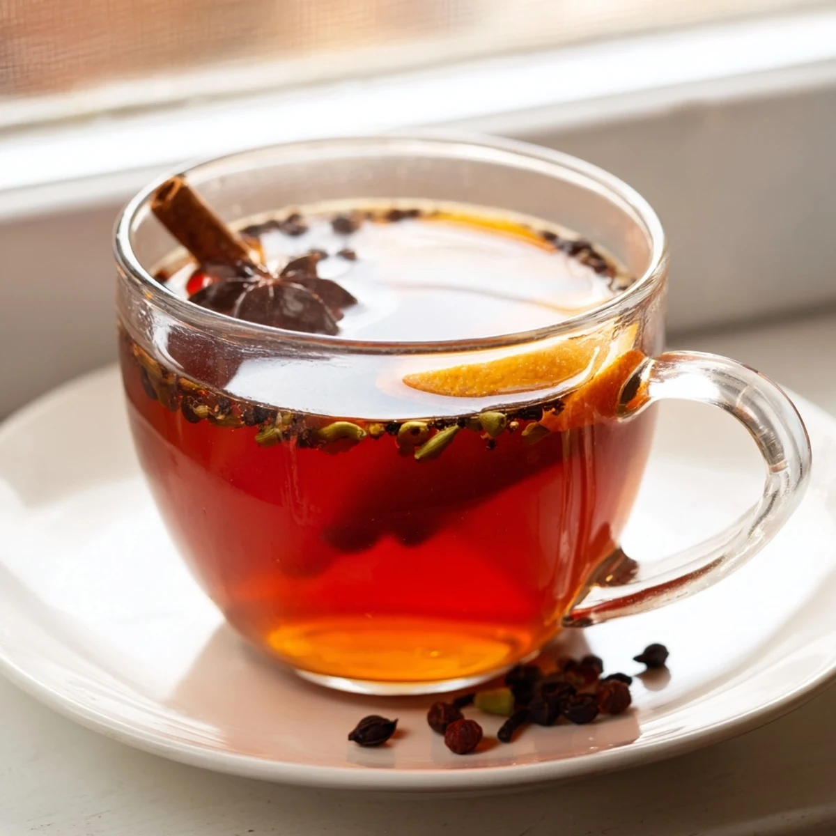 Steaming cup of Spiced Tea, golden-hued and fragrant, perfect for a chilly afternoon indulgence.