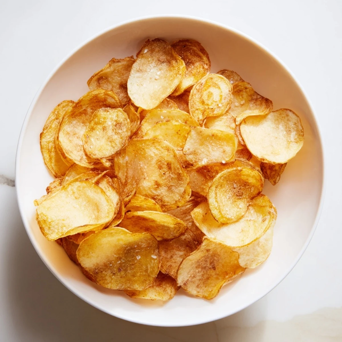 Crispy golden chips, glistening with oil, ready to serve as a side dish.