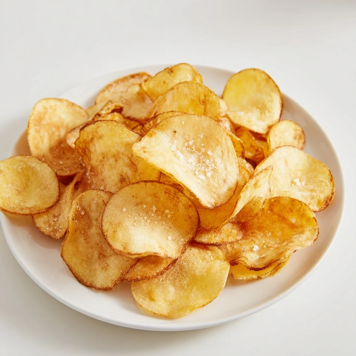 Homemade golden potato chips, showing the delicious results of a simple recipe.