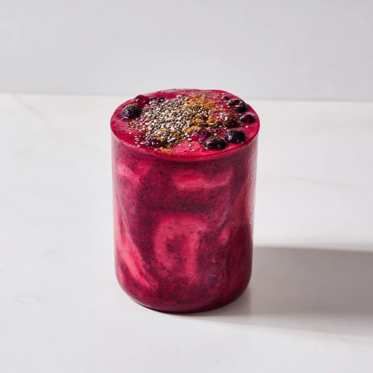 A chilled glass of the homemade Winter Berry Smoothie, bursting with berry flavor and cinnamon.