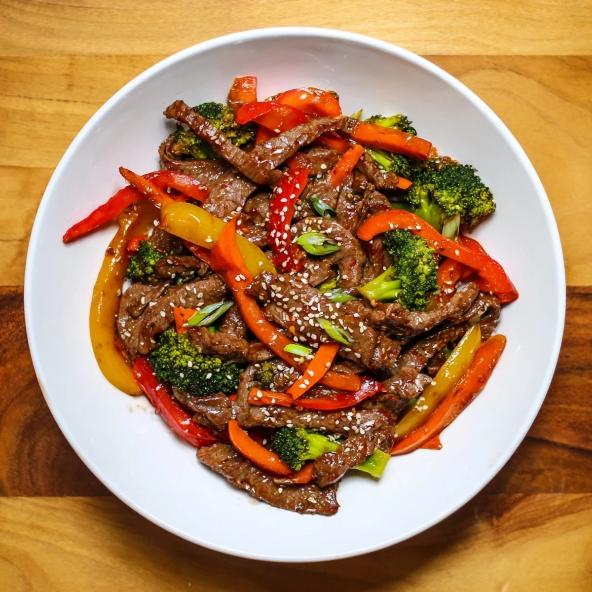 Tender beef stir fry with colorful vegetables and a glistening, savory sauce, ready to serve.