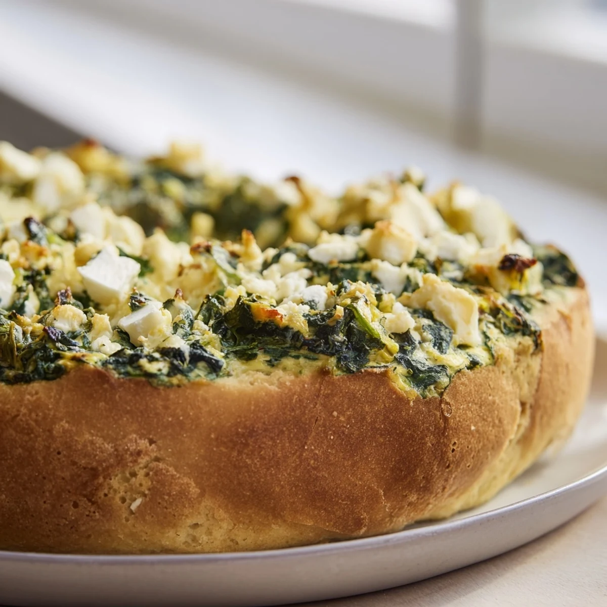 Savory Spinach Tart, a golden baked pastry showcasing a creamy spinach and cheese filling, ready to serve.