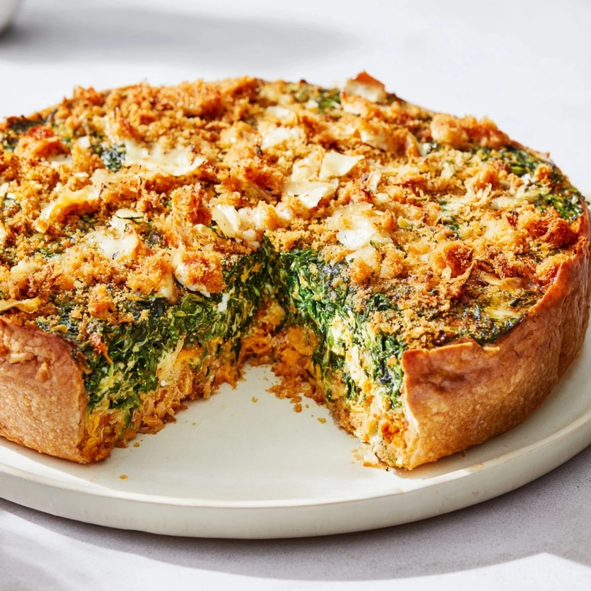 A close-up of a rustic Savory Spinach Tart, highlighting the flaky crust and savory, green filling inside.