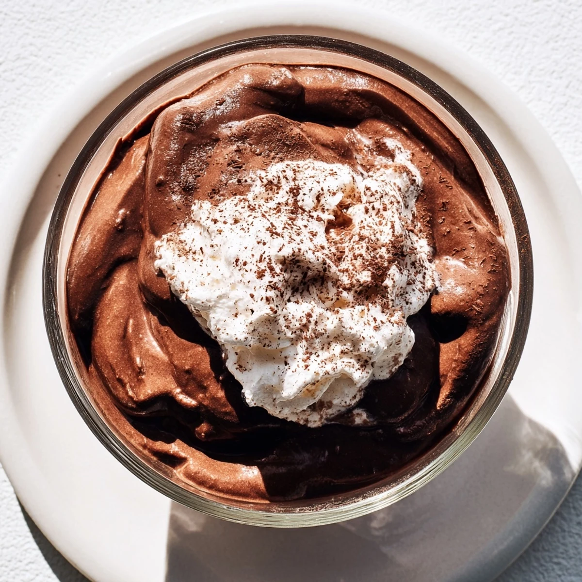 Silky smooth chocolate mousse topped with fresh whipped cream, offering a rich chocolate experience.
