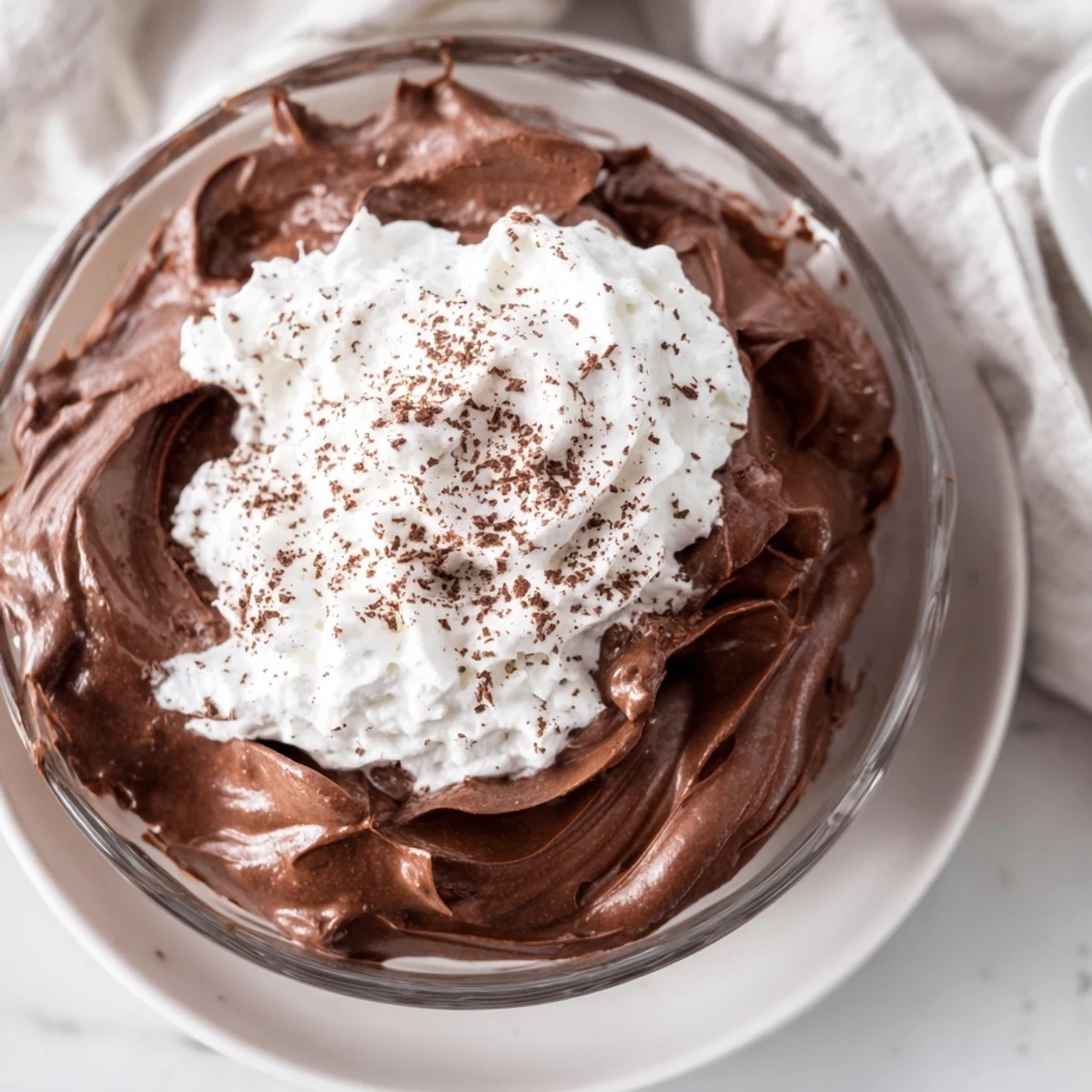 A close-up of individual chocolate mousse servings, each garnished with fluffy whipped cream.