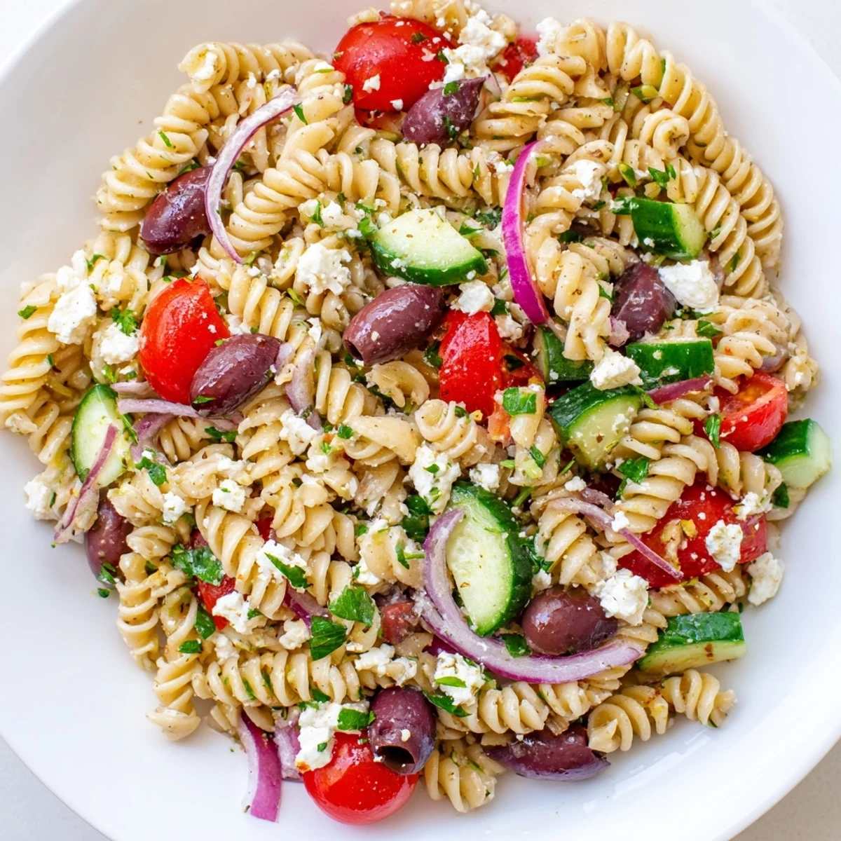 Mediterranean Pasta Salad, bursting with fresh veggies and tangy olives, a perfect summery dish.