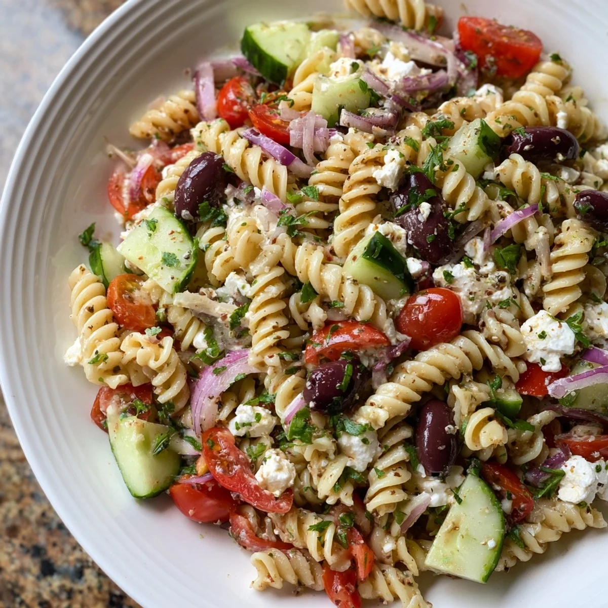 A colorful Mediterranean Pasta Salad, showcasing juicy tomatoes, feta, and a bright, zesty dressing.