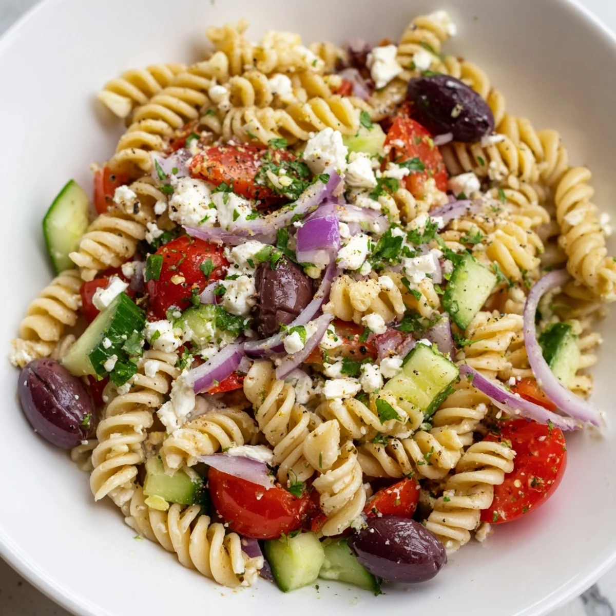 Enjoy a delicious Mediterranean Pasta Salad, featuring olives and herbs, ready for a flavorful picnic.