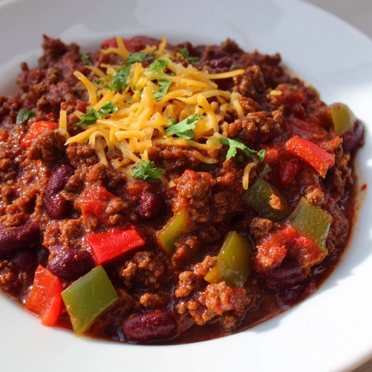 Fragrant slow cooker chili, a rich, vibrant stew filled with ground beef, beans, and inviting spices.