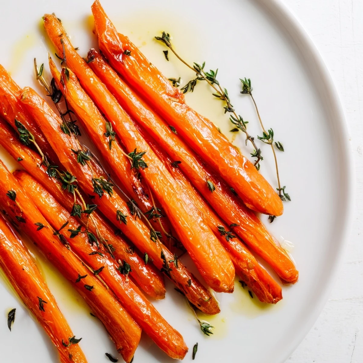 Golden, glistening roasted carrots with honey and thyme, ready to serve as a tasty side.