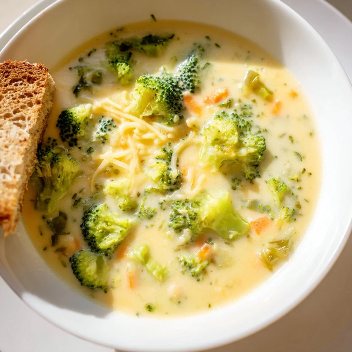 Creamy Broccoli Cheddar Soup bubbling in a pot, served with crusty bread perfect for dipping.