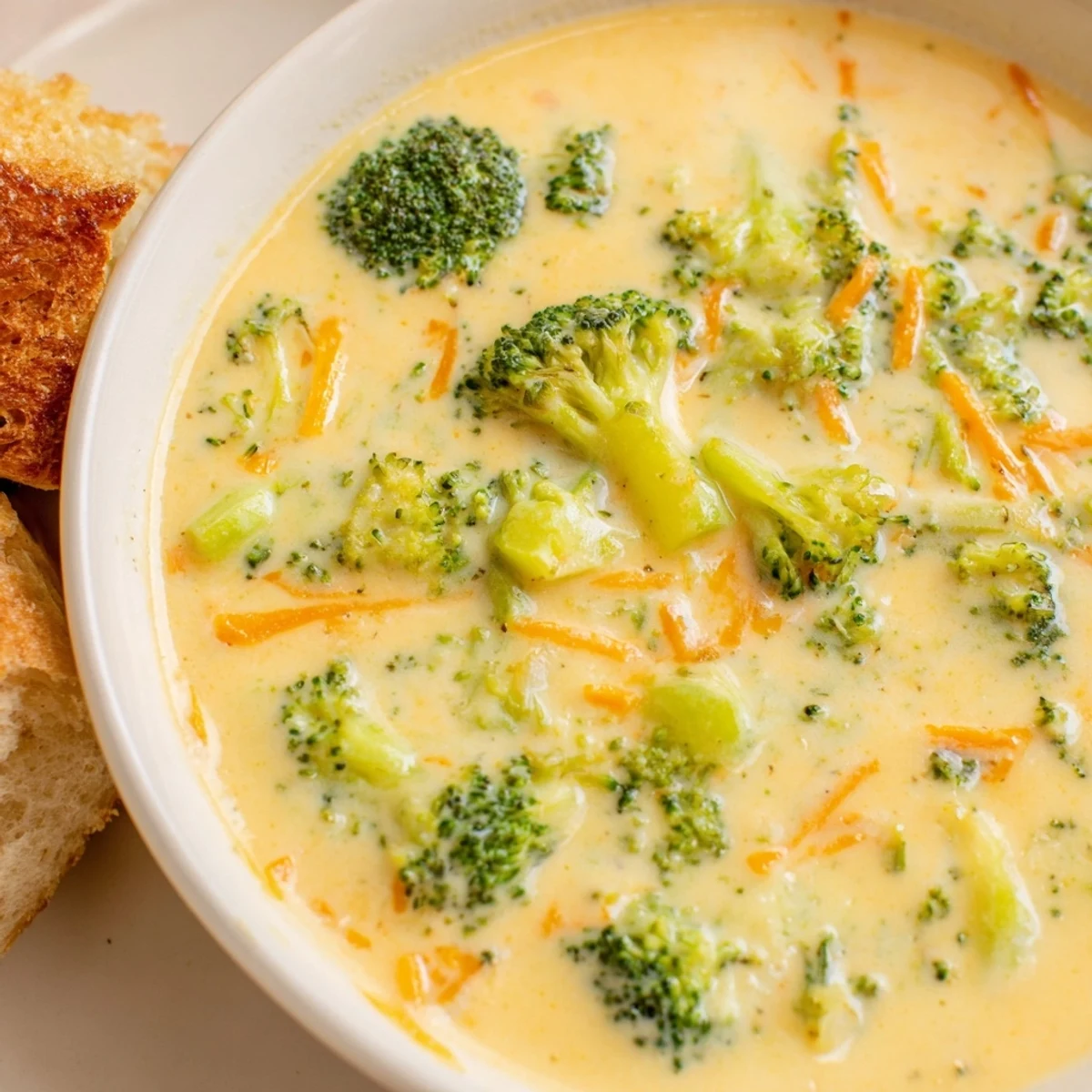 A close-up of a steaming bowl filled with Creamy Broccoli Cheddar Soup beside golden brown bread.