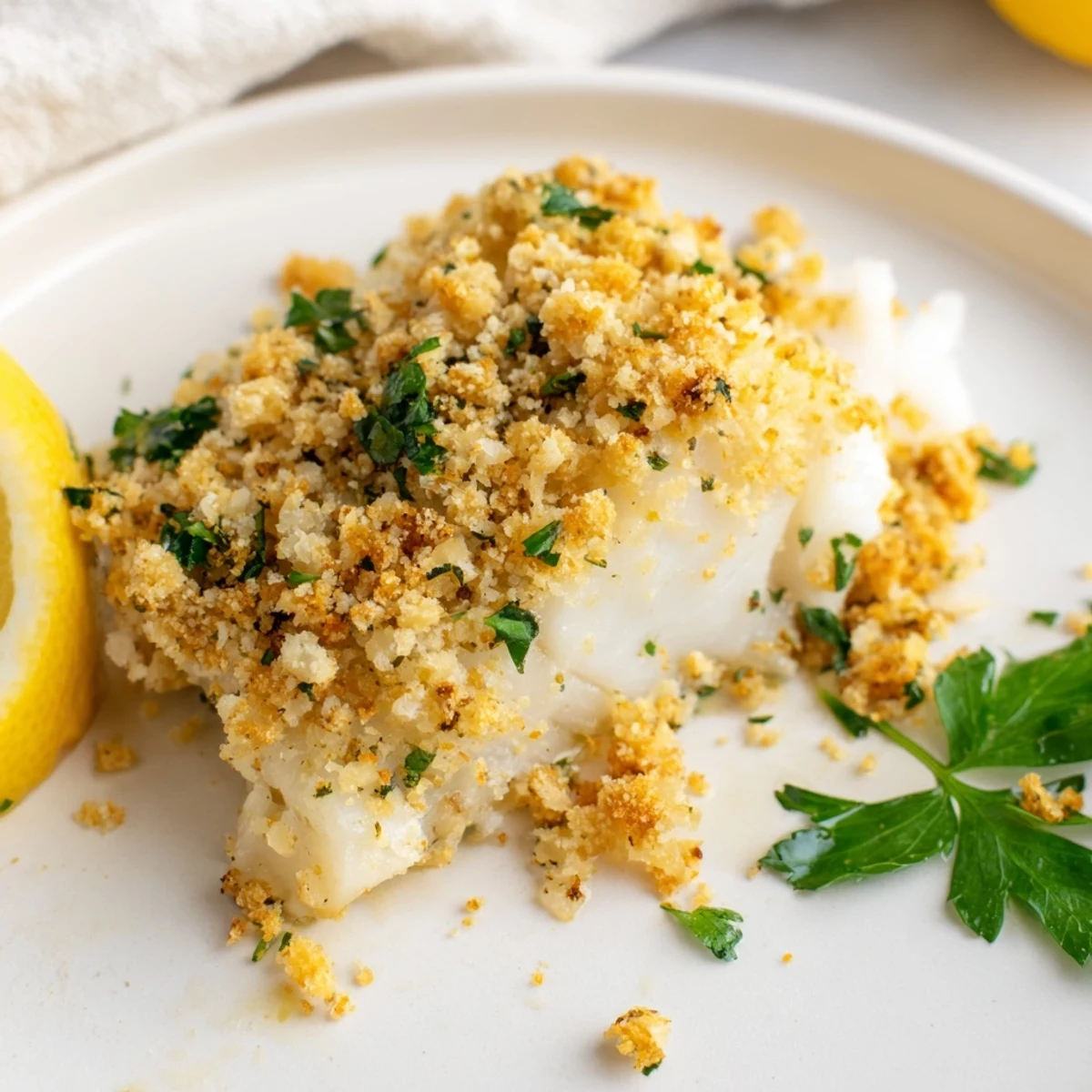 Golden-brown and flaky baked cod with a crunchy cracker topping, ready to serve with lemon.