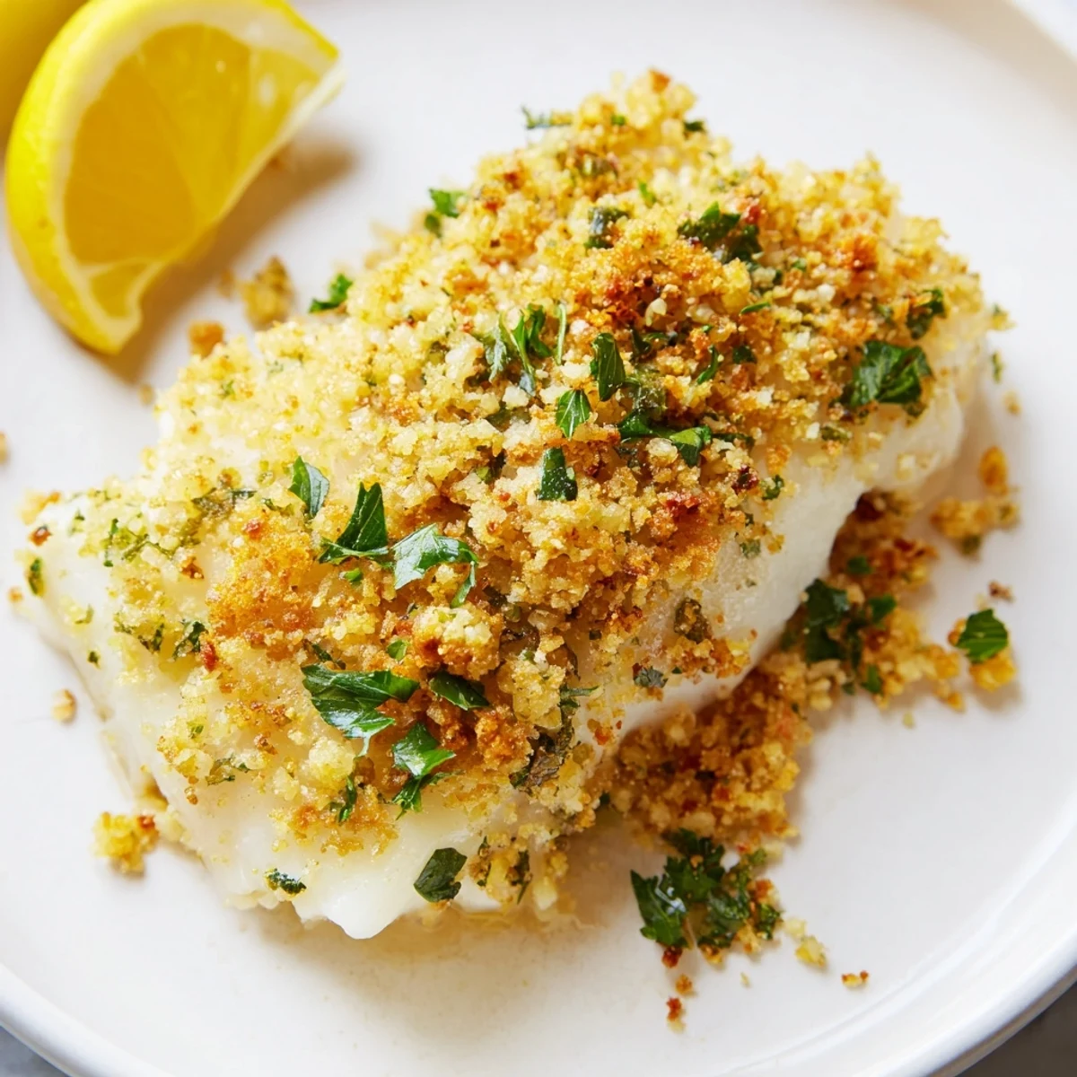 A close-up of baked cod with a cracker crumb, a flavorful and easy American dish.