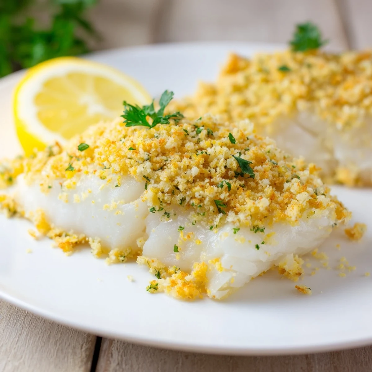 Buttery cracker-crusted baked cod, with visible flakes of cod peeking through the golden topping.