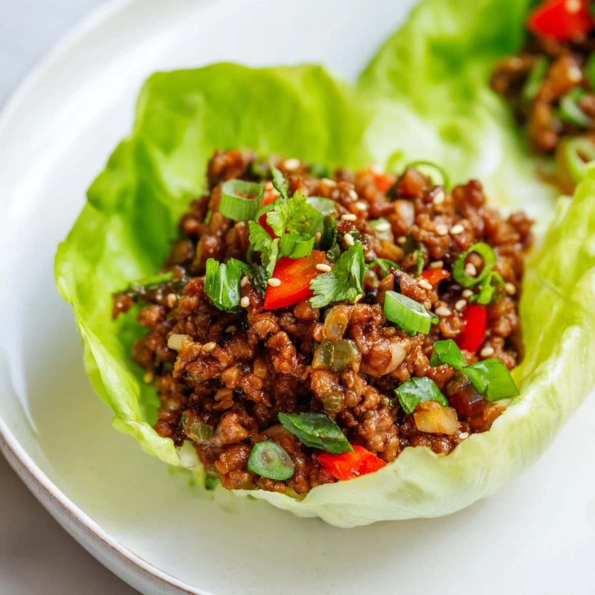 Steaming Beef Lettuce Wraps with hoisin sauce, nestled in fresh butter lettuce, ready to eat.