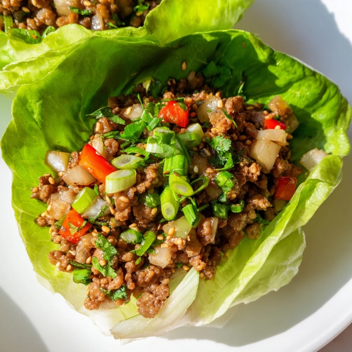 Close-up of savory Beef Lettuce Wraps, featuring vibrant vegetables and flavorful hoisin sauce.