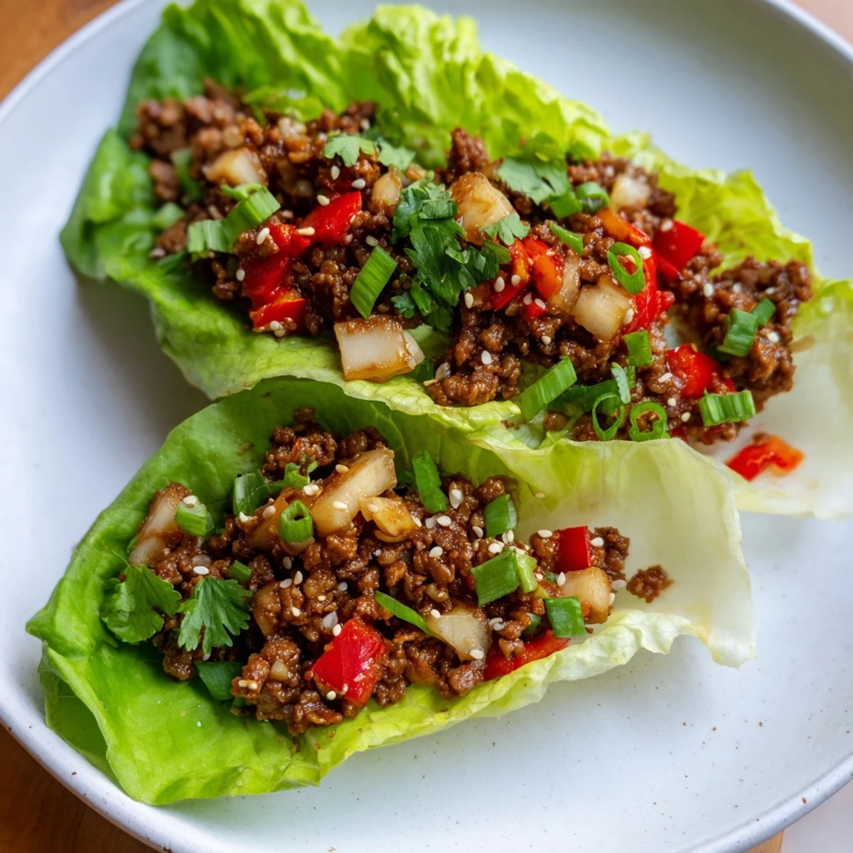 Delicious Beef Lettuce Wraps with hoisin, garnished with cilantro, a perfect Asian-inspired appetizer.
