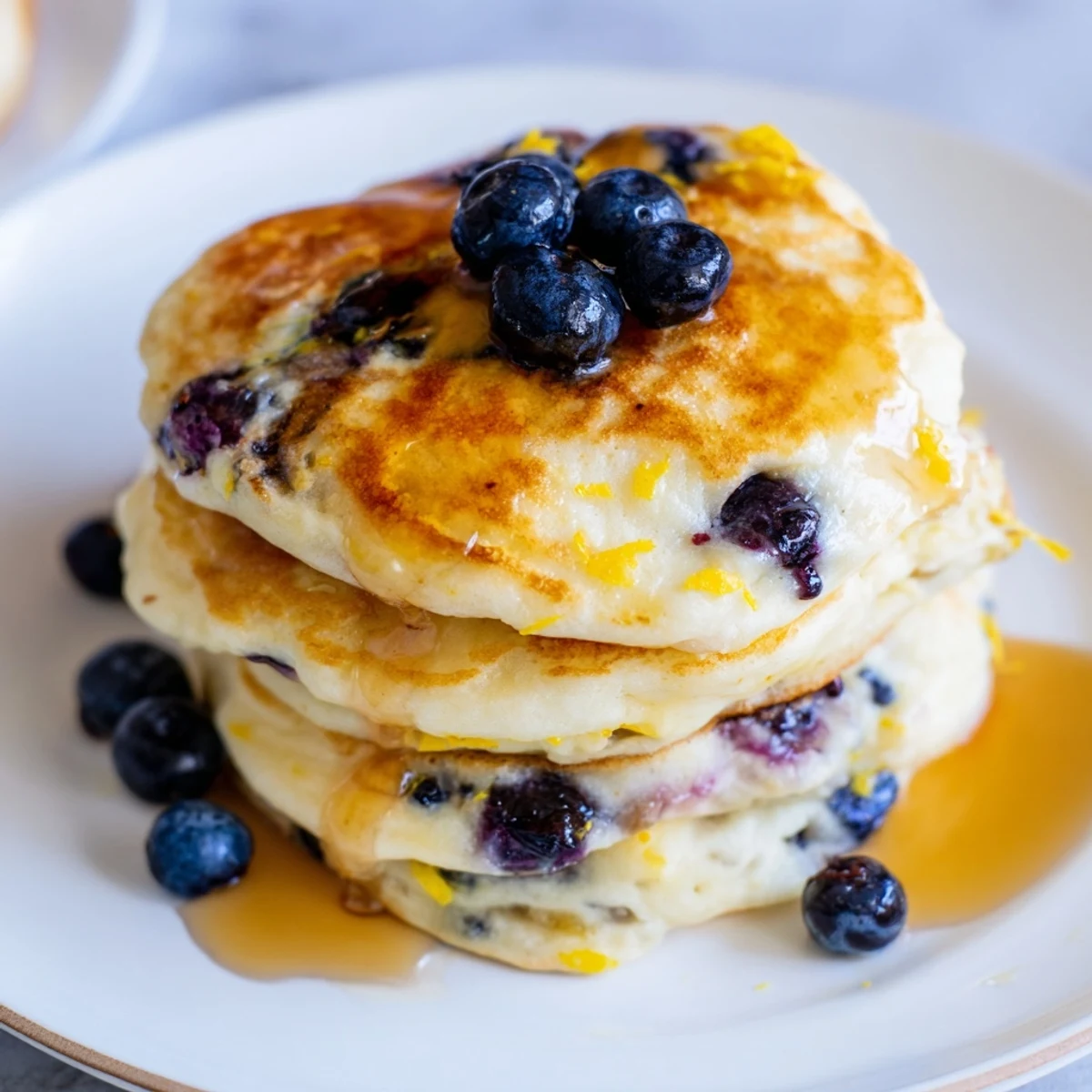 Golden-brown lemon blueberry pancakes with blueberries scattered on top, ready to eat with syrup.