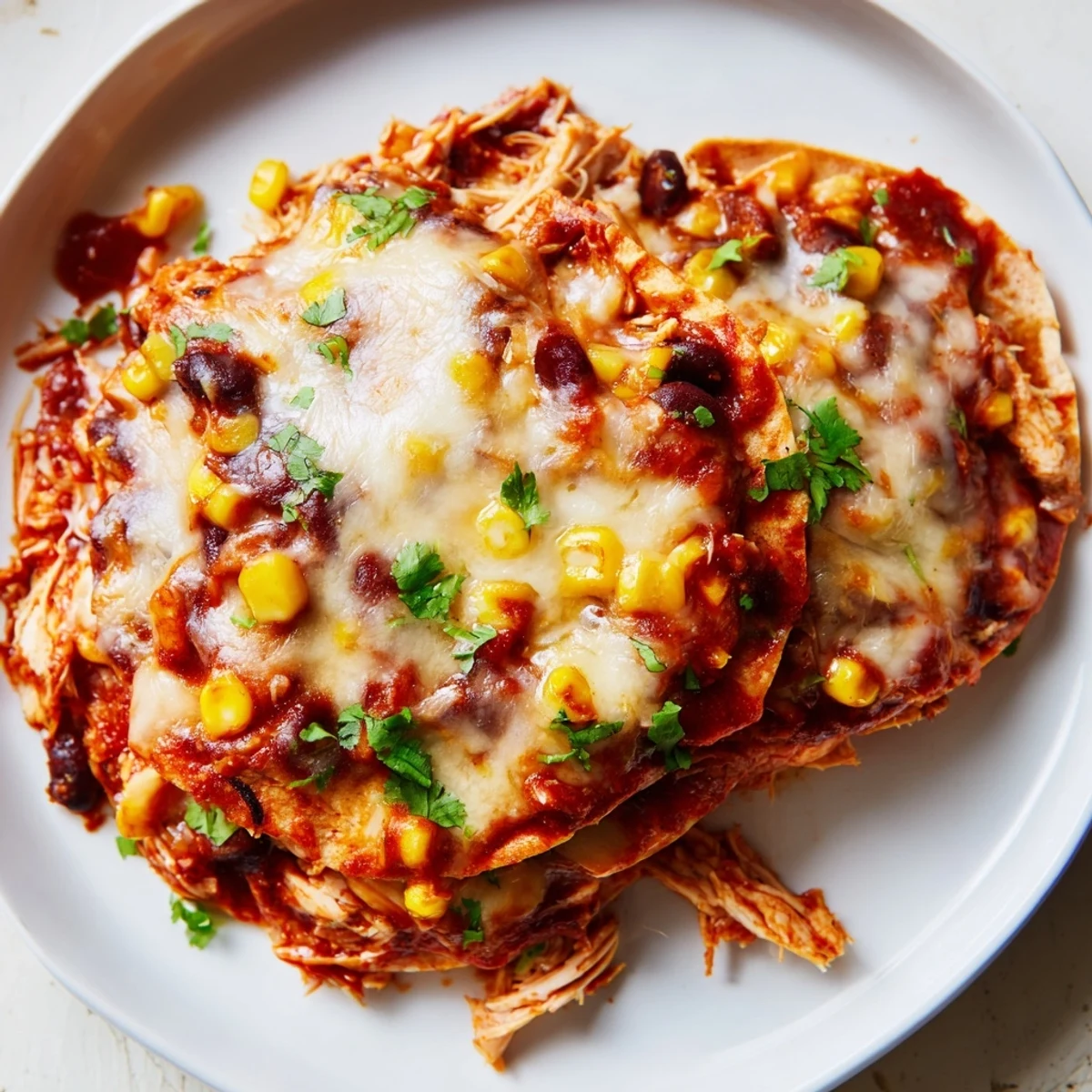 A delicious close-up of a Chicken Enchilada Casserole, layered with cheese and vibrant red sauce.