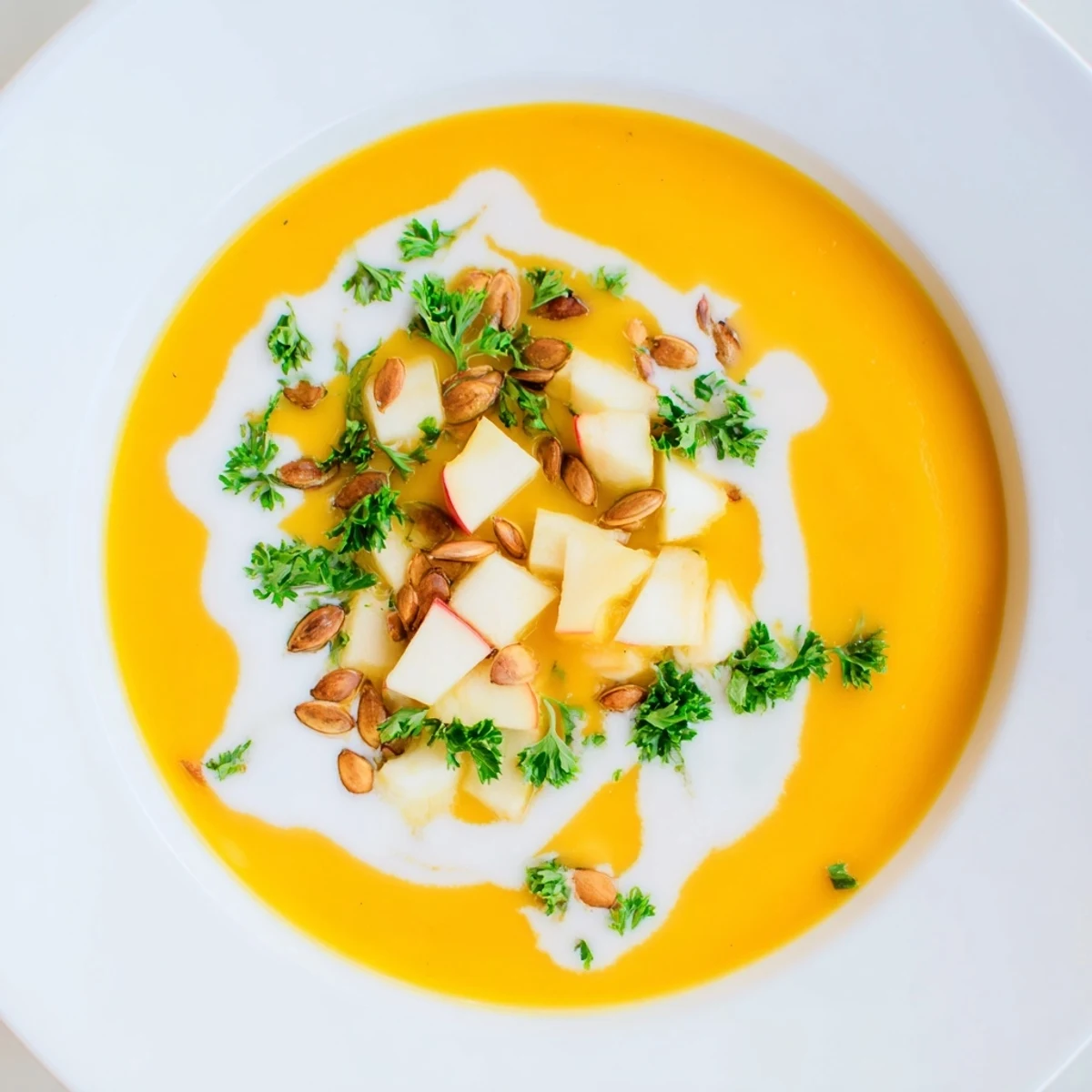 Creamy Winter Squash Soup with Apple, garnished with herbs and cream, in a warm bowl.
