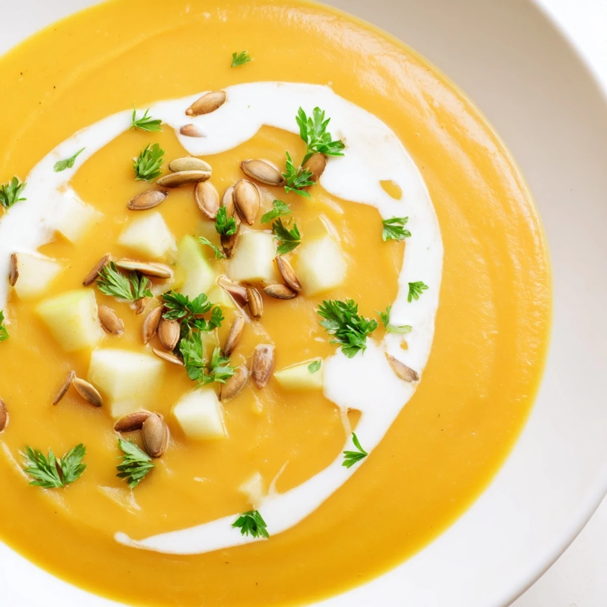 This homemade Winter Squash Soup with Apple boasts a smooth texture, perfect for a cozy autumn dinner.