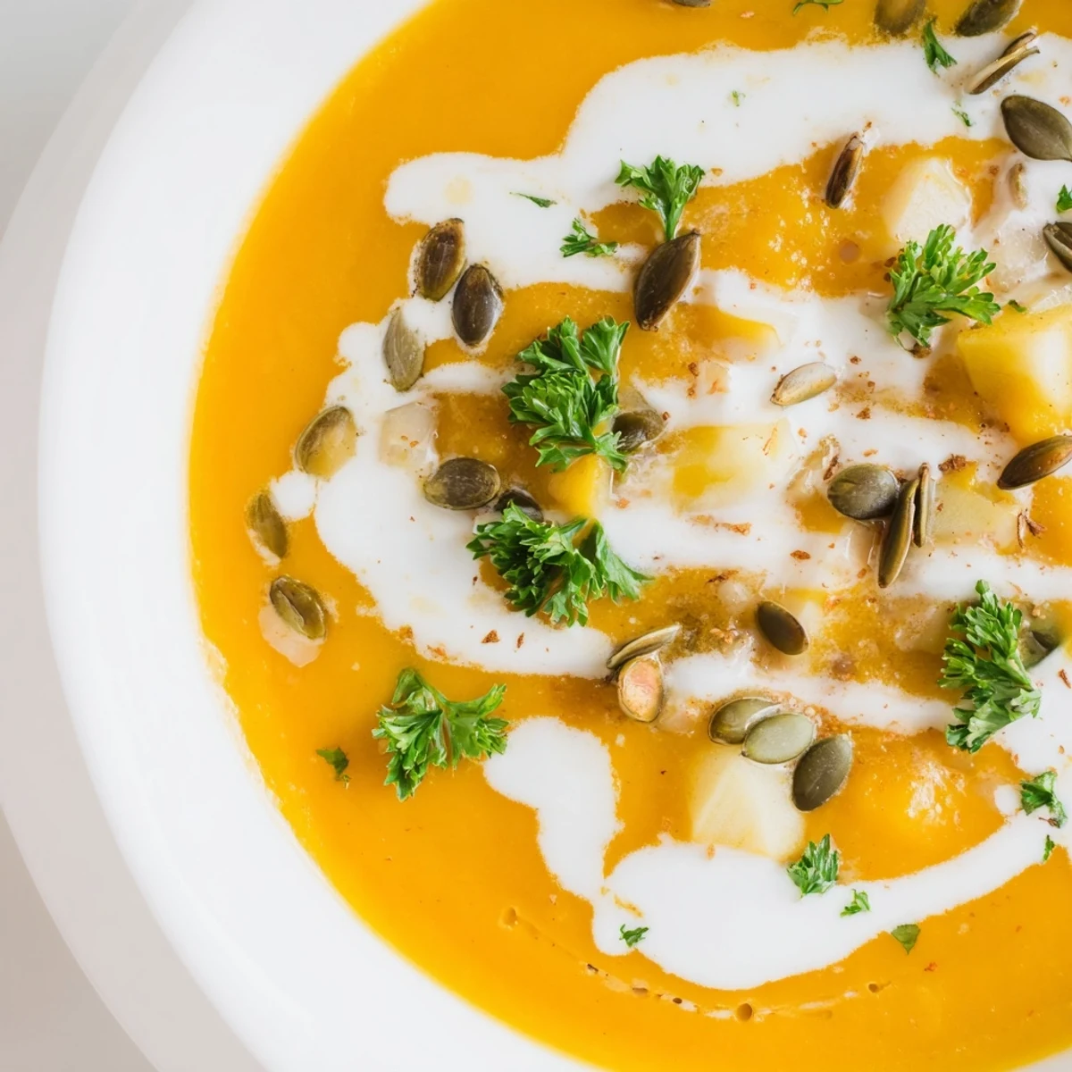 A steaming bowl of Winter Squash Soup with Apple, showcasing vibrant colors and enticing aromas.