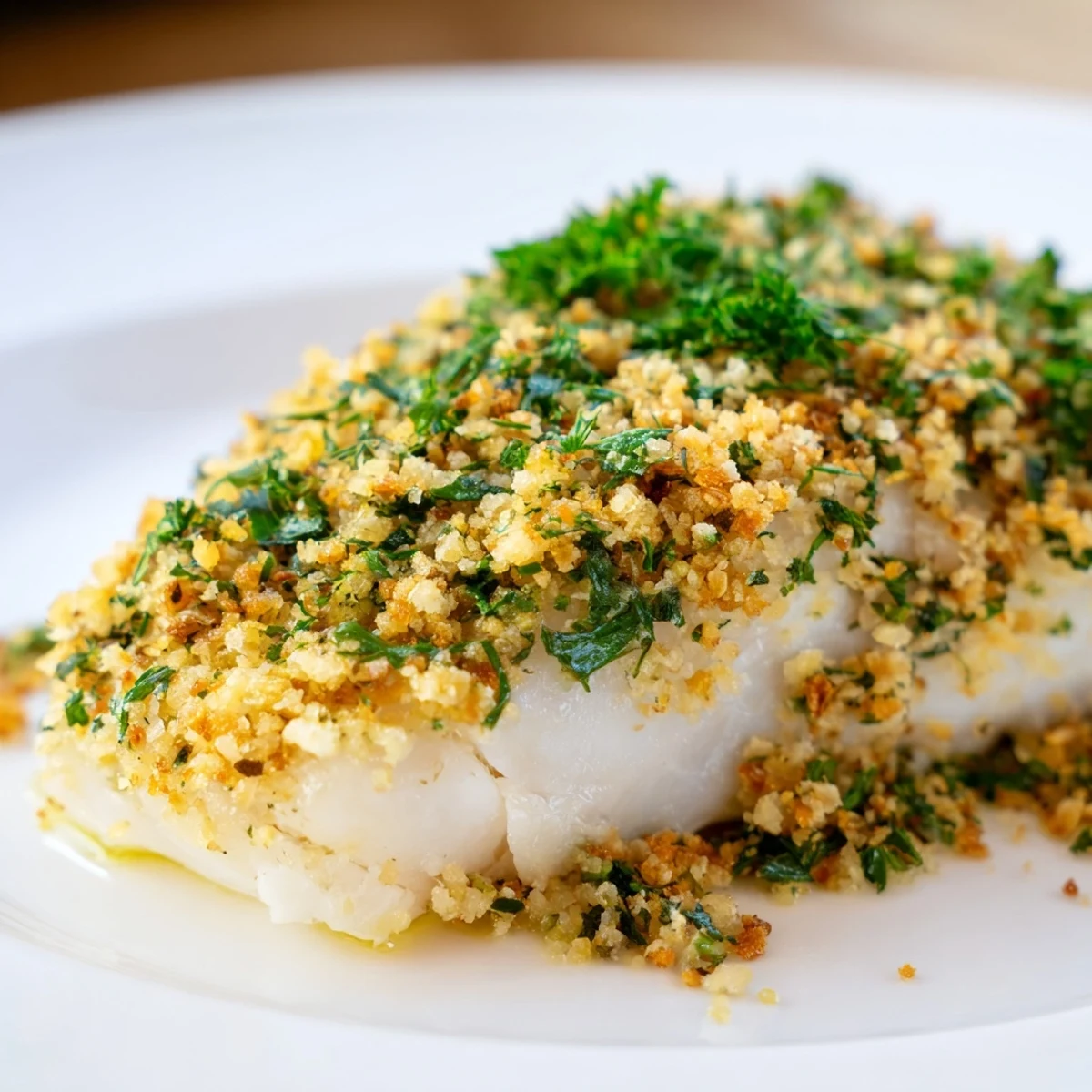 Golden-crusted Baked Hake with Lemon, served with bright lemon wedges, ready for a delicious dinner.