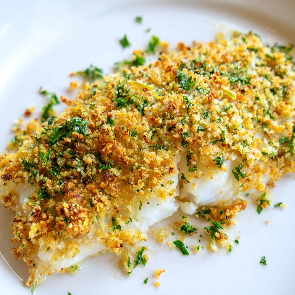 A close-up of flaky Baked Hake with Lemon shining, showcasing the aromatic herb and breadcrumb crust.