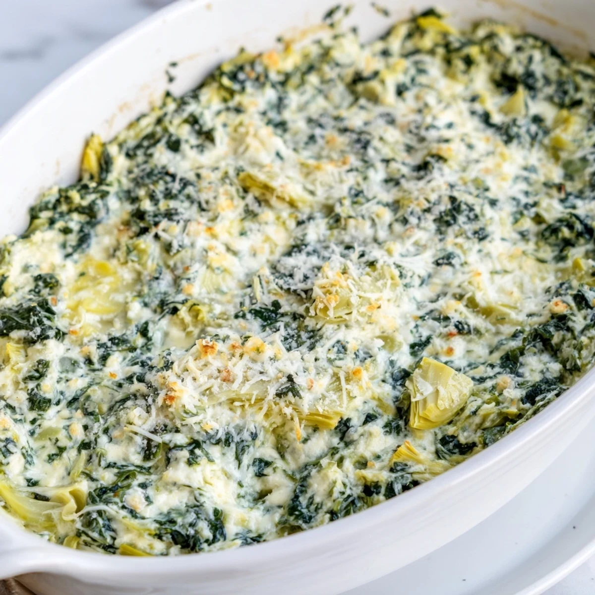 Close-up of golden, bubbly Creamy Spinach and Artichoke Dip, showcasing the creamy cheese topping.