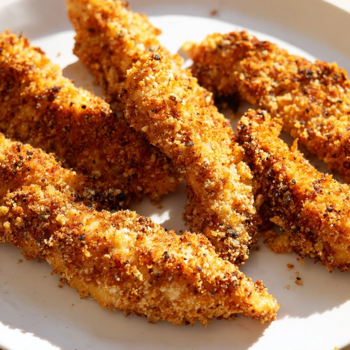 Golden-brown crispy air fryer chicken tenders ready to be dipped and enjoyed as a quick meal.
