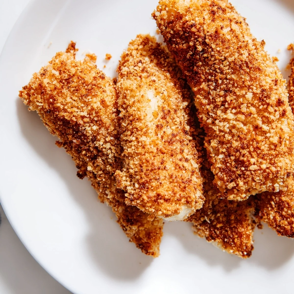 Close-up of freshly cooked crispy air fryer chicken tenders, perfectly breaded for maximum crunch.