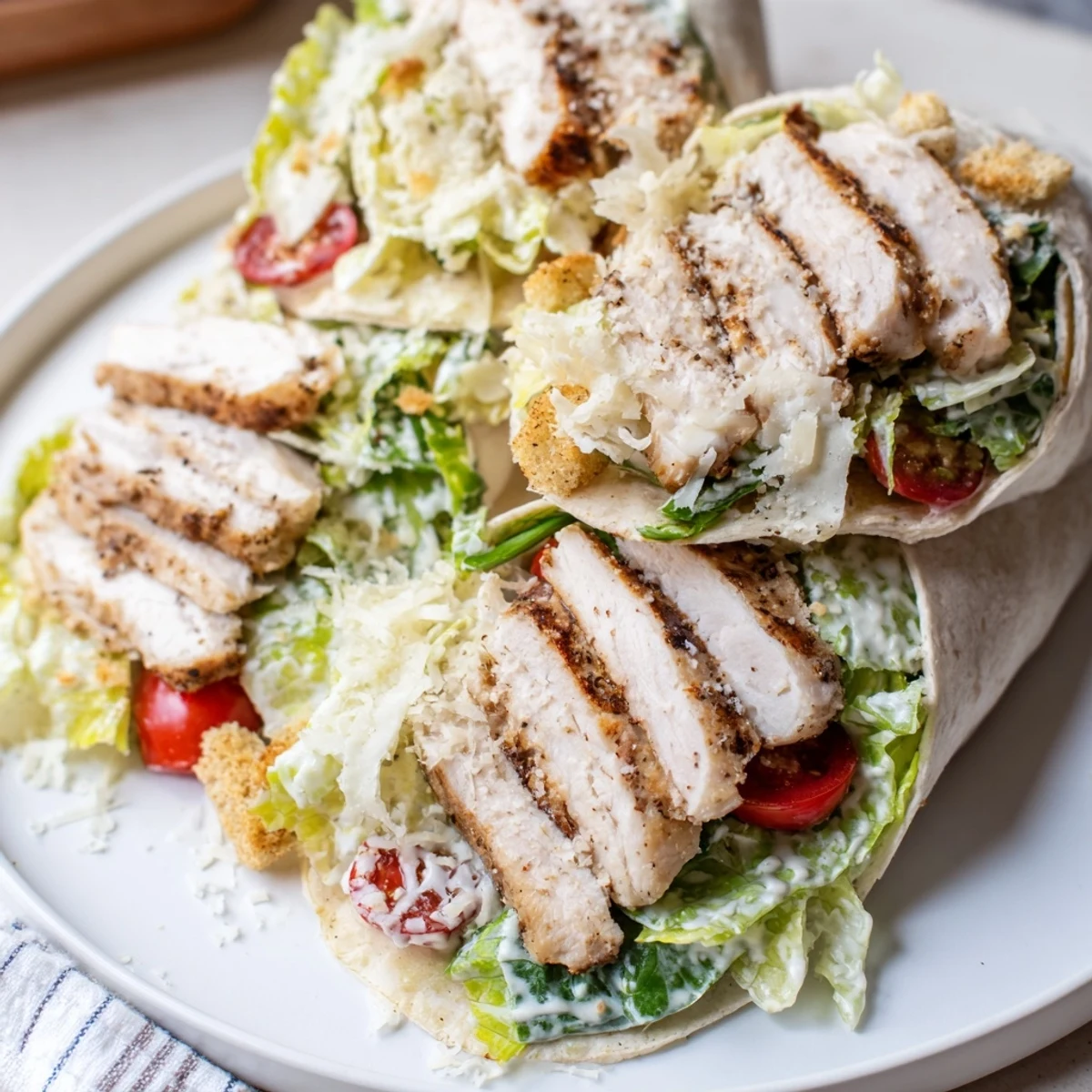 Delicious Chicken Caesar Wraps, filled with grilled chicken, crisp lettuce, ready to eat.