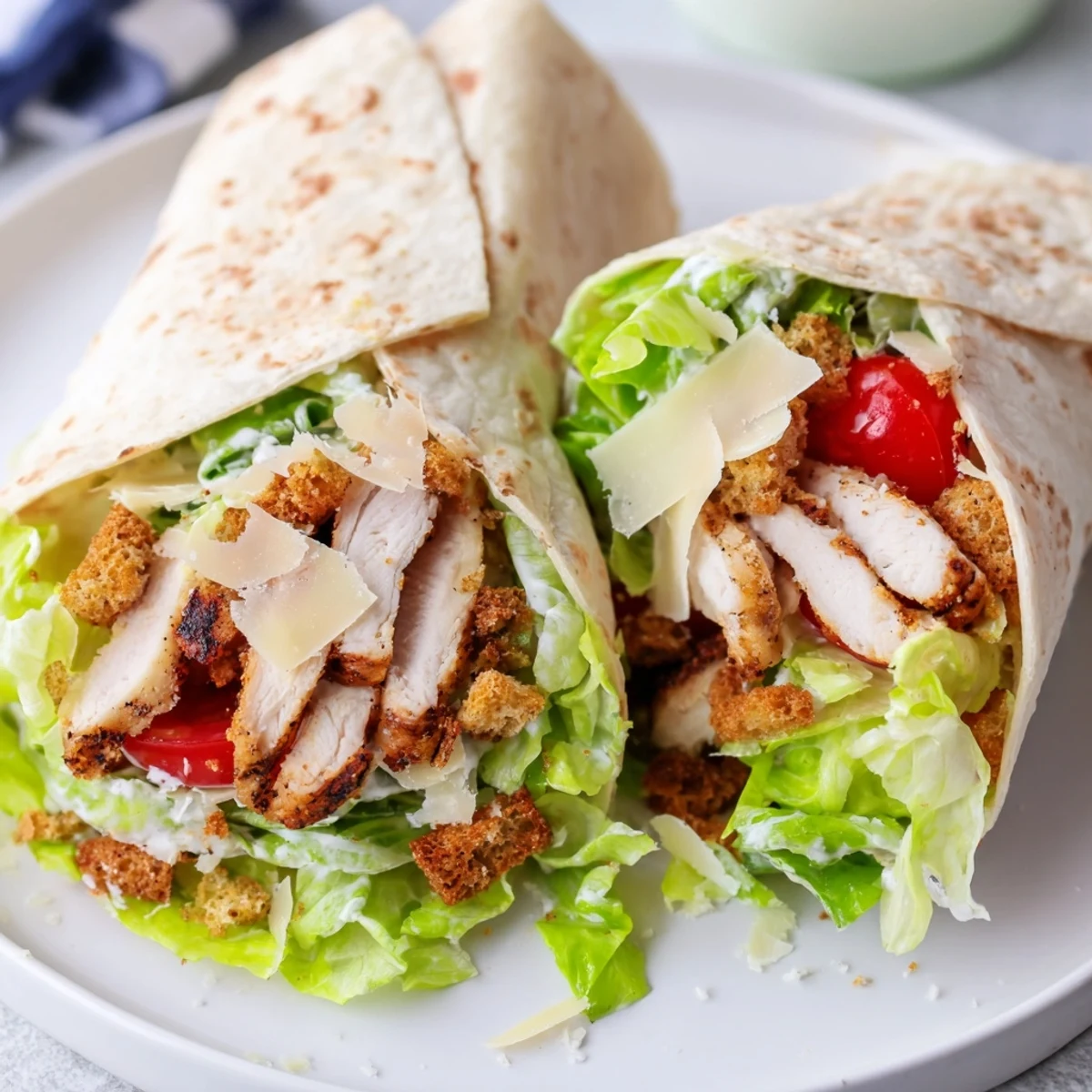 View of a Chicken Caesar Wrap, sliced in half, showing chicken and fresh romaine.
