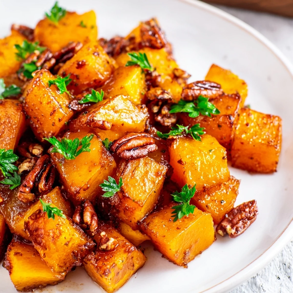 Golden, caramelized Roasted Butternut Squash glistening with maple syrup, perfect for a cozy fall side.