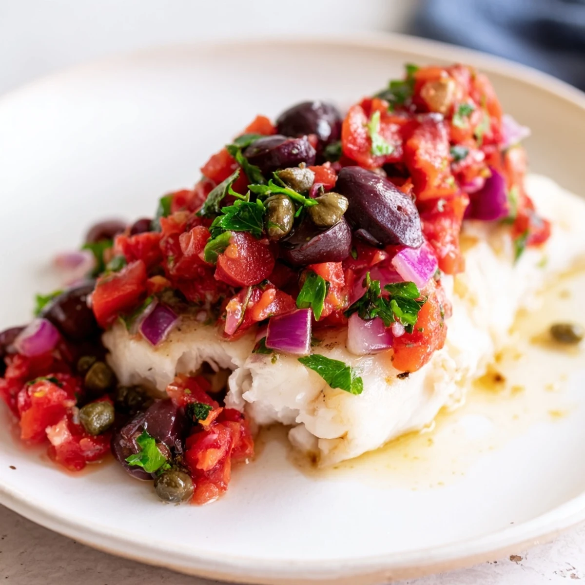 Baked cod with a vibrant tomato-olive salsa, a flavorful Mediterranean main course.
