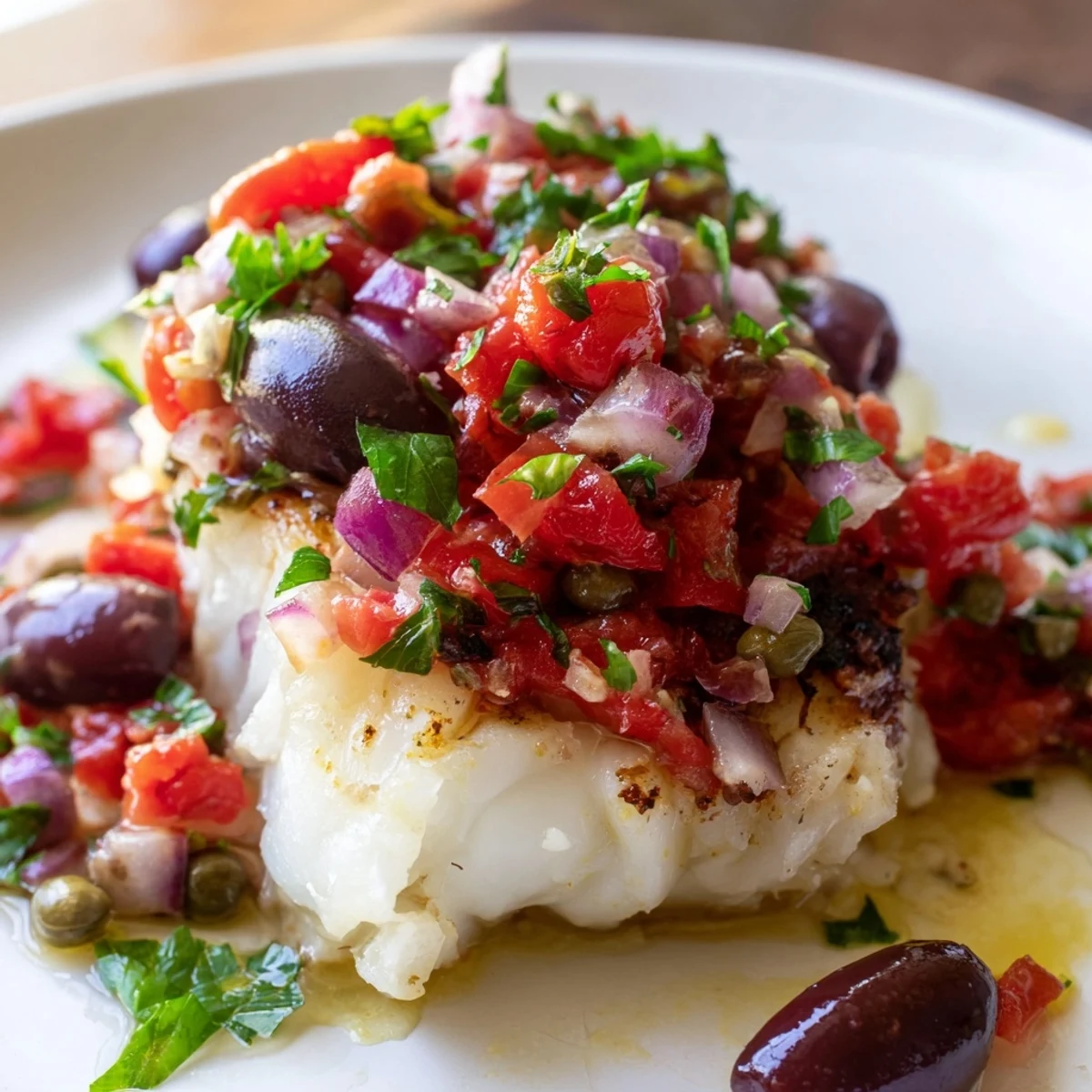 Flaky, tender baked cod fillets with a bright salsa, a delicious and easy weeknight dinner idea.