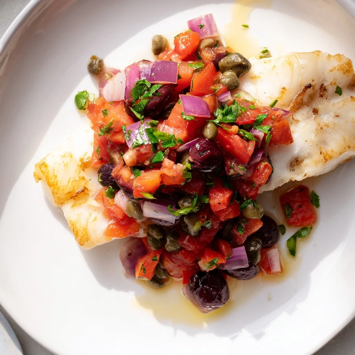 Golden baked cod topped with a fresh, colorful tomato and olive salsa, ready to serve and enjoy.