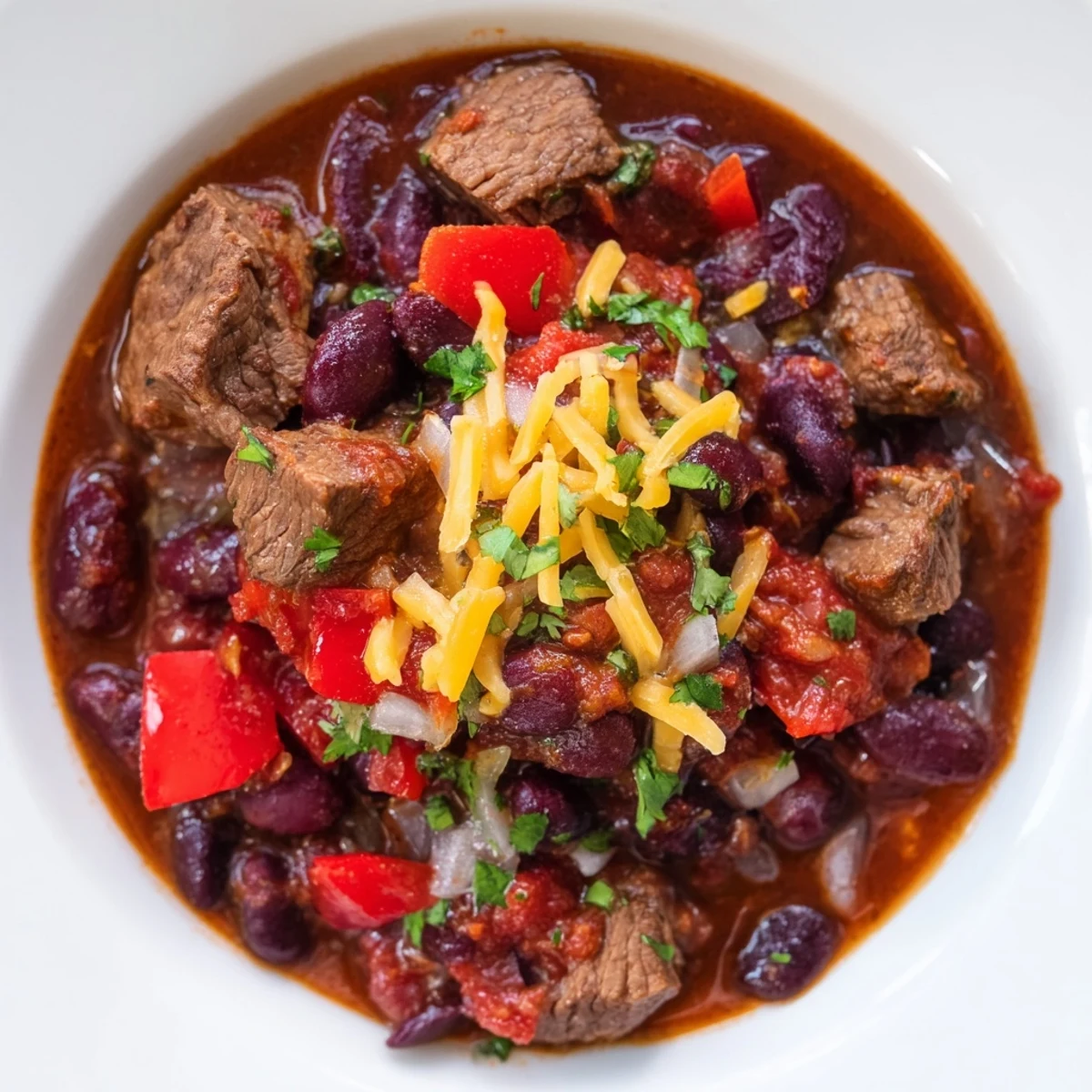 A steaming bowl of Slow Cooker Beef Chili with beans, topped with fresh cilantro and cheese.