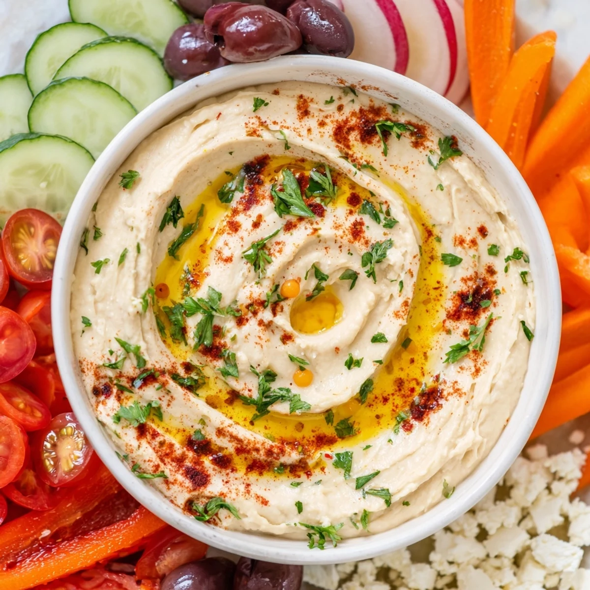 Bright arrangement of a Mediterranean hummus platter featuring creamy hummus, perfect for sharing and dipping.