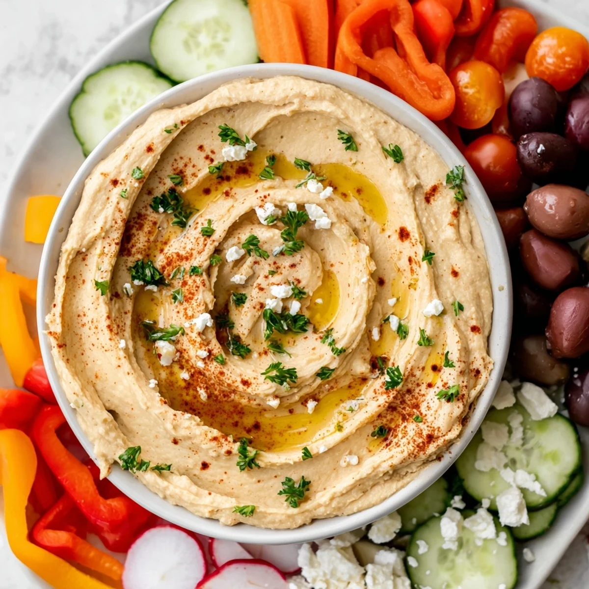 A close-up of a delicious Mediterranean hummus platter with colorful, crunchy vegetable dippers.
