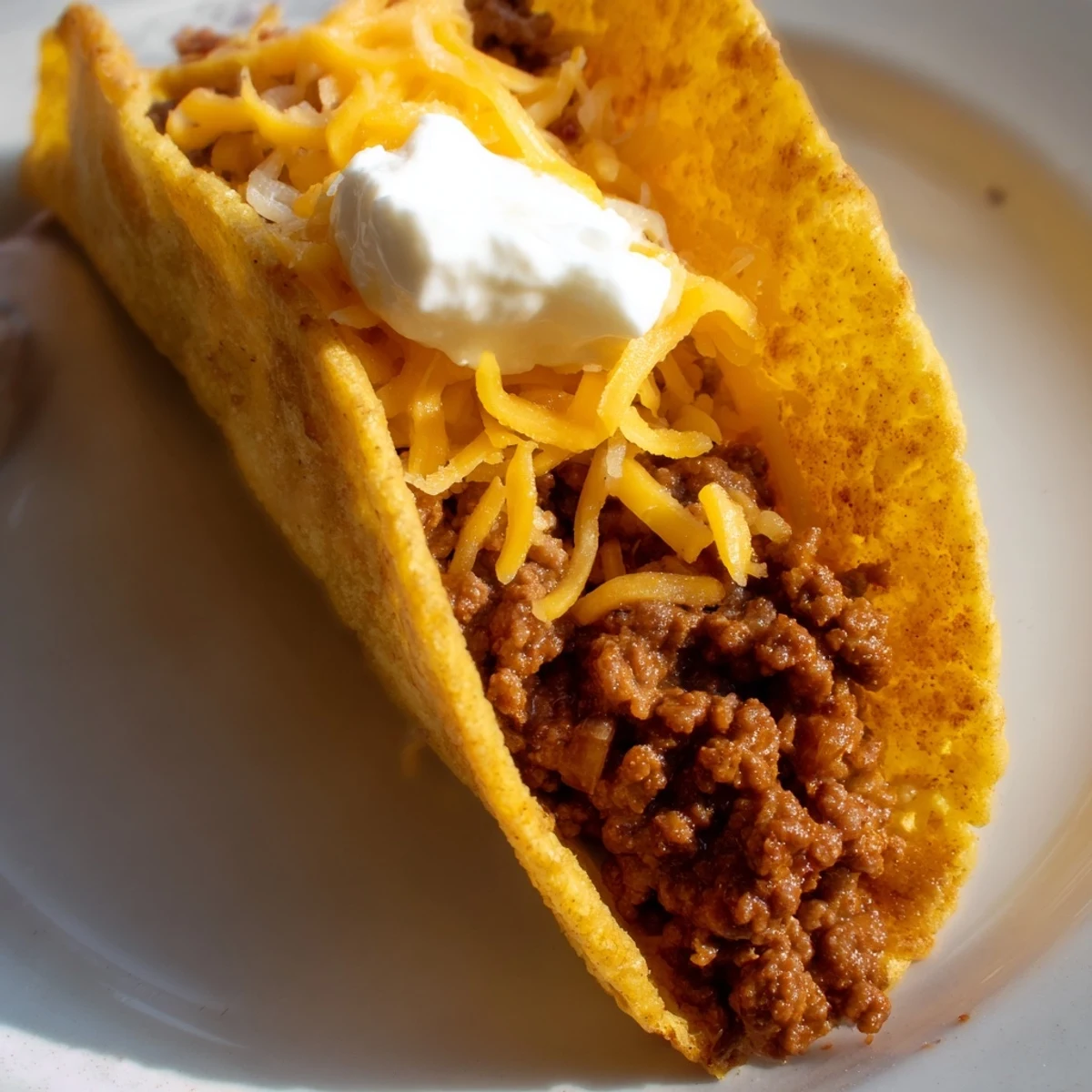Golden hard shell Beef Tacos filled with savory beef, topped with cool sour cream, diced tomatoes, and cilantro.