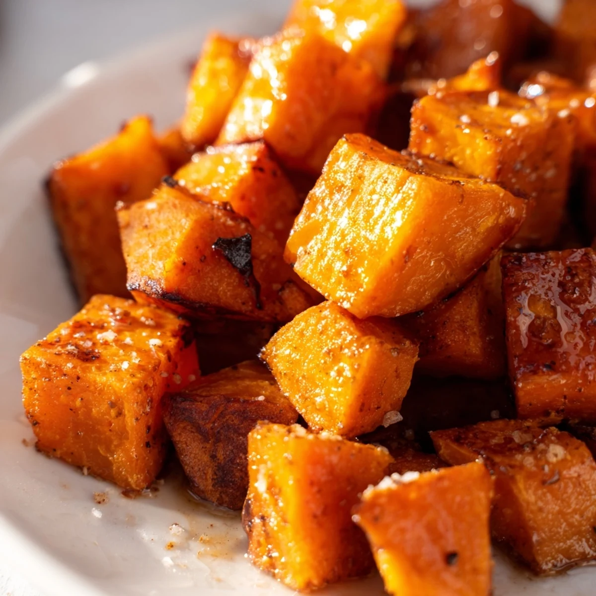 Golden-brown Roasted Sweet Potatoes with Cinnamon and Brown Sugar glistening on a rustic plate.
